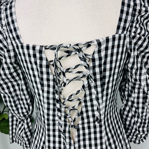 Lovers + Friends Black White Buffalo Plaid Puff Rouch Sleeve Lace up Mini Dress - Picture 4 of 10